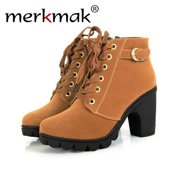 Merkmak Brand Heels Women Boots Soft Leather Platform Comfprtable Single Shoes Vintage Women Motorcycle Boots Martin Boots Size