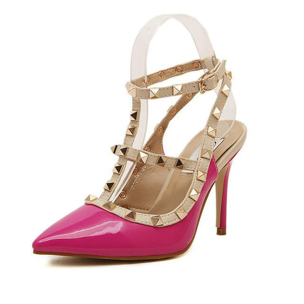 New 2017 Summer Fashion Lady Sexy Women Pumps Pointed Toe Sandals Slingback Studded T-Strap Rivet High Heels Wedding Shoes Woman