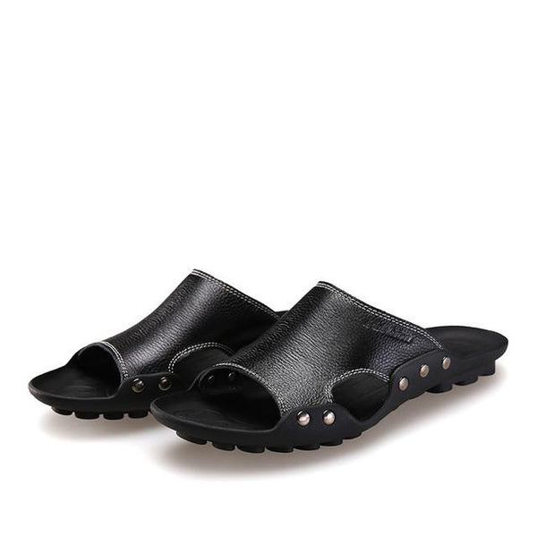 Merkmak Genuine Leather Slippers Men Summer Sandals Breathable Brand Designer Stylish Shoes Real Leather Seaside Beach Flats