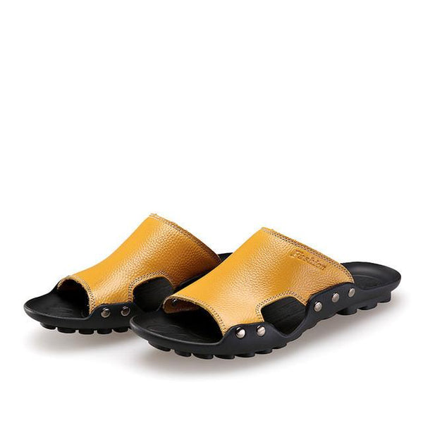 Merkmak Genuine Leather Slippers Men Summer Sandals Breathable Brand Designer Stylish Shoes Real Leather Seaside Beach Flats