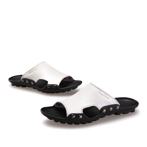 Merkmak Genuine Leather Slippers Men Summer Sandals Breathable Brand Designer Stylish Shoes Real Leather Seaside Beach Flats