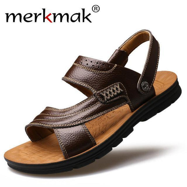 Merkmak Shoes's Men Genuine Leather Summer Beach Sandals Fashion Casual Men Flats Footwear Leisure Zapatos Hombres Dropshiping
