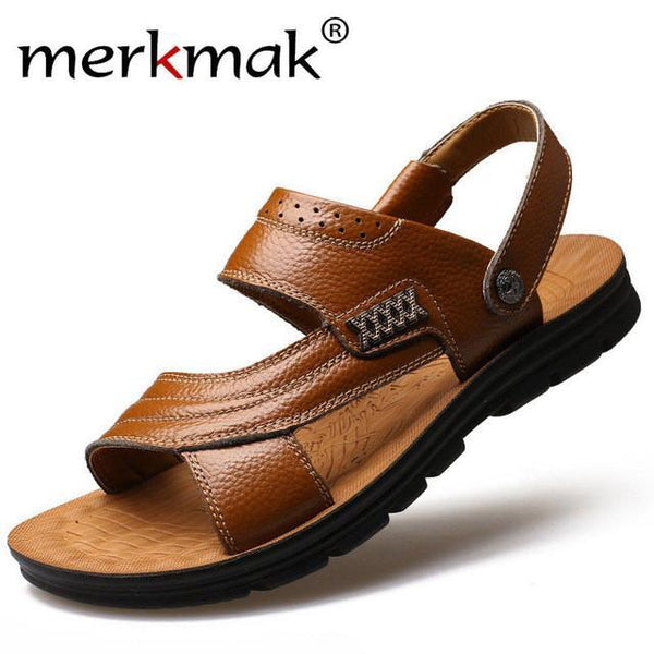 Merkmak Shoes's Men Genuine Leather Summer Beach Sandals Fashion Casual Men Flats Footwear Leisure Zapatos Hombres Dropshiping