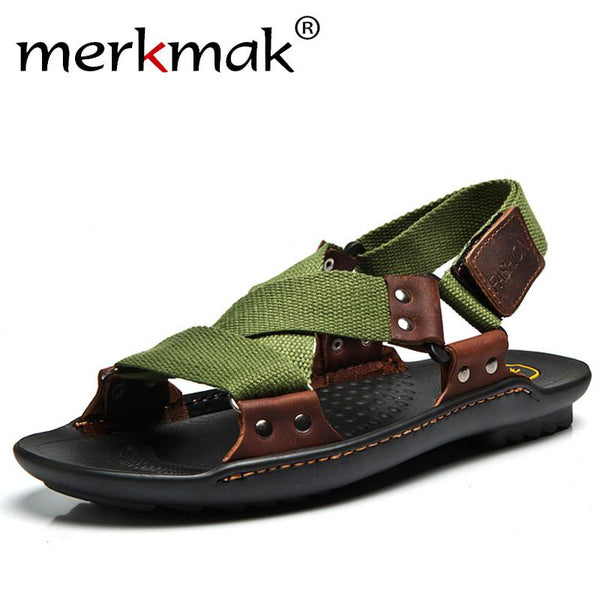 Merkmak Brand 2017 New Summer Casual Sandals Men Beach Shoes Genuine Leather Nylon Flat Shoes Breathable Zapatos Plus Size 38-44