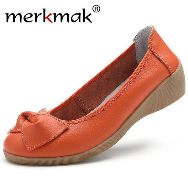 New 2017 Genuine Leather Women Flats Shoes Slip On Woman Fashion Leather Loafers Brand Designer Bow Zapatos Mujer Flat Shoes