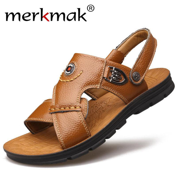 Merkmak Luxury Men Sandals Genuine Leather Fashion Summer Mens Slippers Breathable Men's Sandals Causal Shoes Leather Flat Shoes
