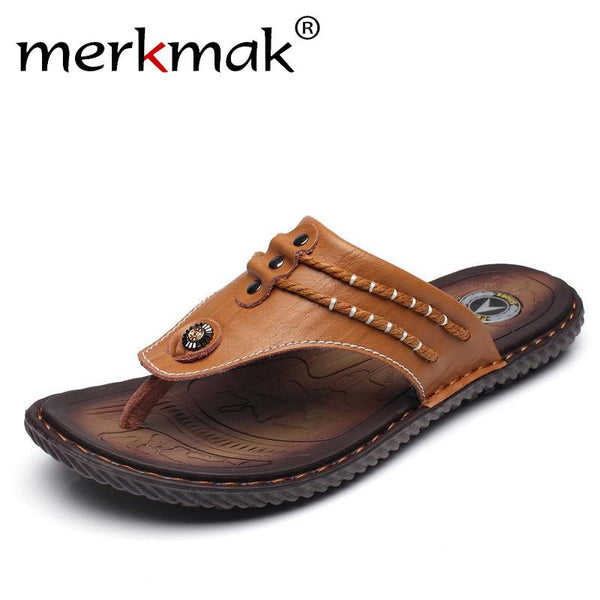 Merkmak Drop Ship Men Summer Flip Flops Beach Men's Slippers Genuine Leather Casual Shoes for Men Flat Sandals Holiday Footwear