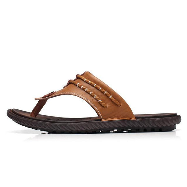 Merkmak Drop Ship Men Summer Flip Flops Beach Men's Slippers Genuine Leather Casual Shoes for Men Flat Sandals Holiday Footwear