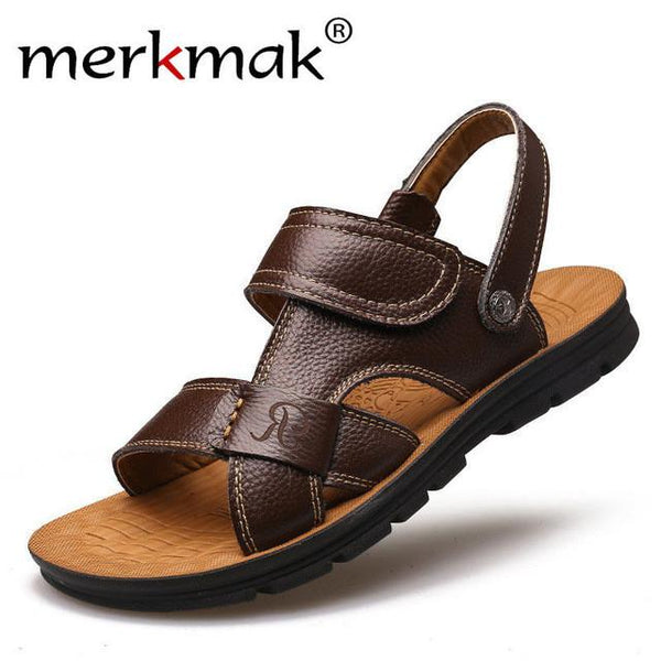 Merkmak Genuine Leather Casual Men Sandals Slippers Fashion Summer Beach Men's Flip Flops Walking Flats Footwear Zapatos Hombres