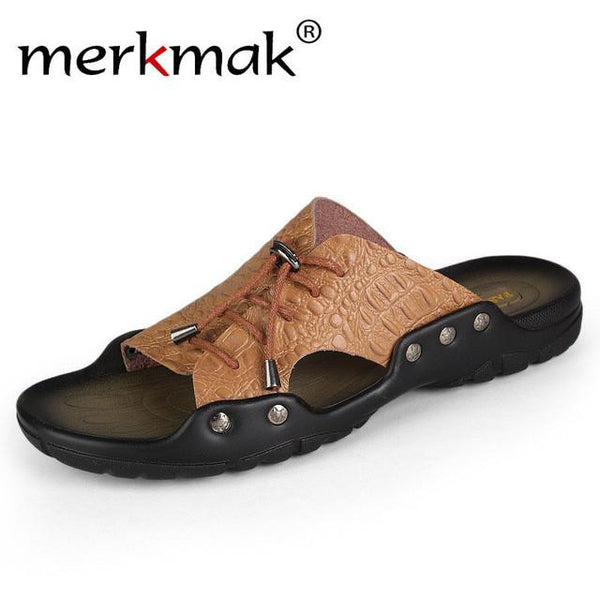 Merkmak Sandals Men Beach Shoes Comforatble Crocodile Leather Flip Flop Casual Outdoor Men Slipper Sandal Big Size37-46 Dropship