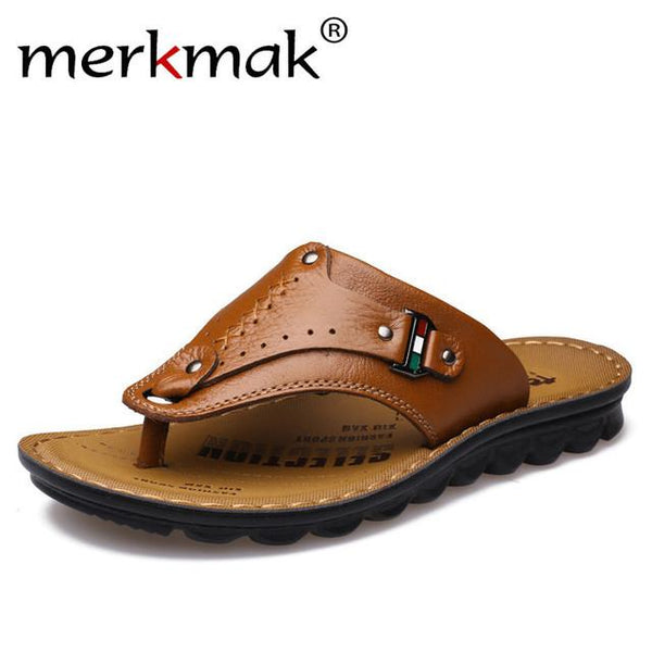 Merkmak Casual Sandals Men Shoes 2017 Fashion Genuine Leather Summer Beach Men Flip Flops Walking Flats Footwear Zapatos Hombres