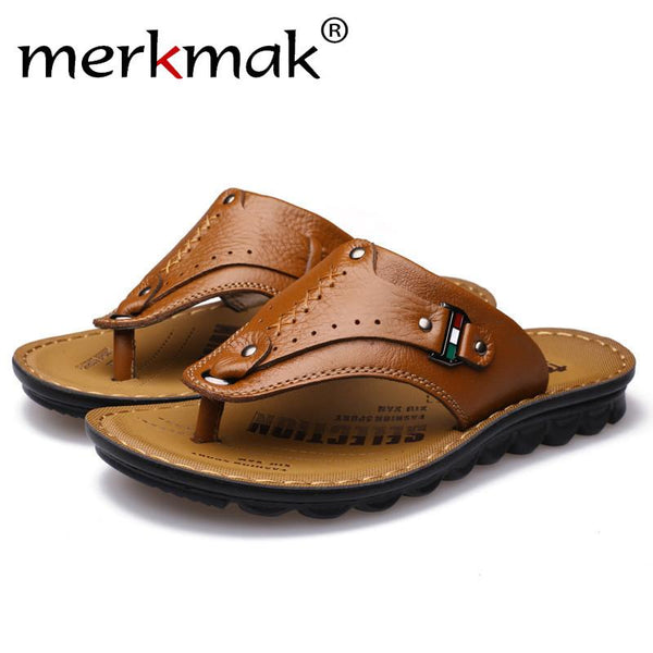Merkmak Casual Sandals Men Shoes 2017 Fashion Genuine Leather Summer Beach Men Flip Flops Walking Flats Footwear Zapatos Hombres