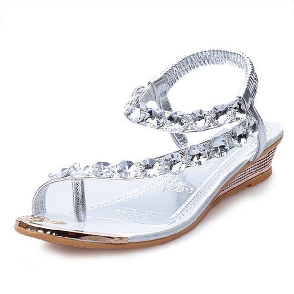 Merkmak 2017 New Sweet Crystal Rhinestone Summer Sandals Women Gladiato Sandals Bohemia Beaded Flats Soft Platform Shoes WS190