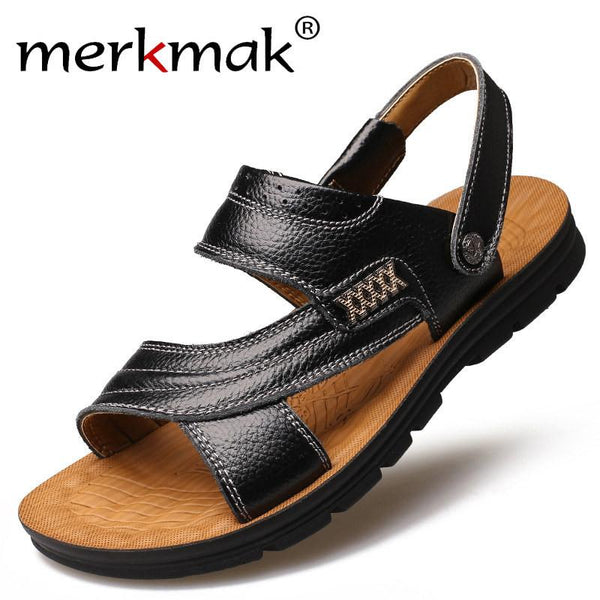 Merkmak New Hot Summer Male Sandals Men Genuine Leather Shoes Slippers Casual Sandal Brand Beach Flat Shoes for Man Size 39-44