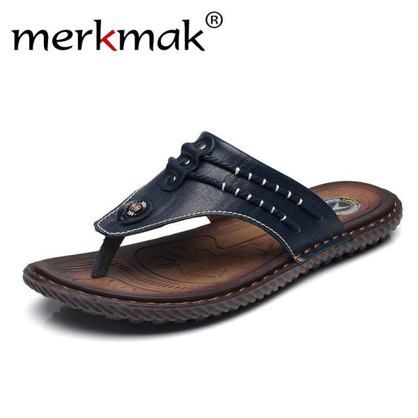 Merkmak 2017 Genuine Leather Sandals Men Shoes Leisure Summer Beach Comfortable Flip Flops Shoes Men Flats Footwear Wholesales