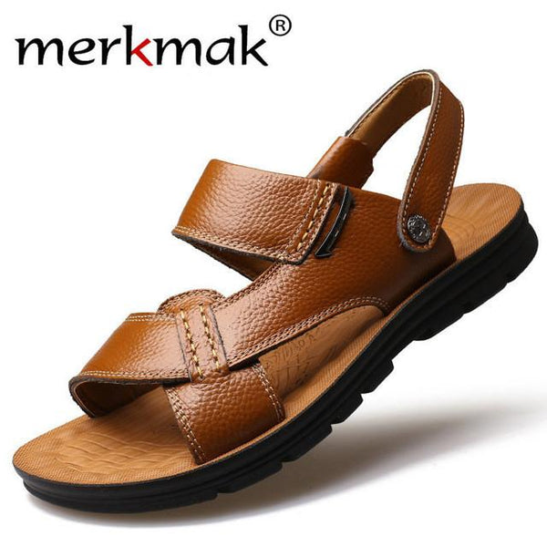 Merkmak Fashion Sandals Newly Genuine Leather Summer Men Beach Shoes Walking Flats Travel Footwear Zapatos Hombres Free Shipping