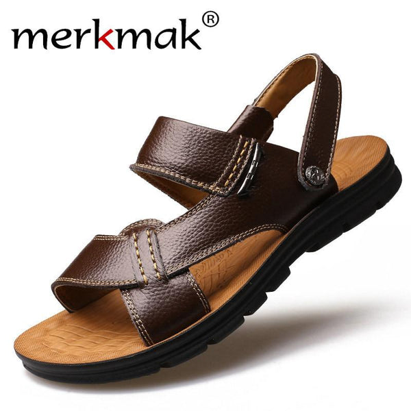 Merkmak Fashion Sandals Newly Genuine Leather Summer Men Beach Shoes Walking Flats Travel Footwear Zapatos Hombres Free Shipping