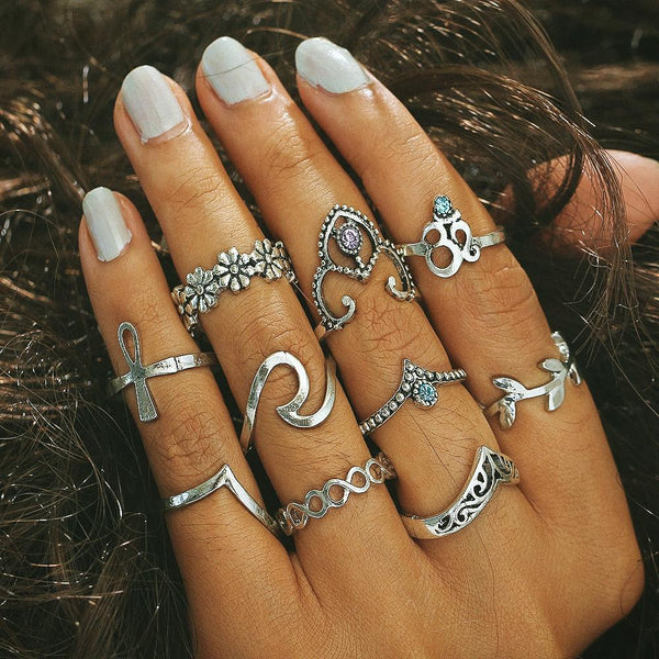 10pcs/Set Women Bohemian Vintage Silver Stack Rings Above Knuckle Blue Rings Set