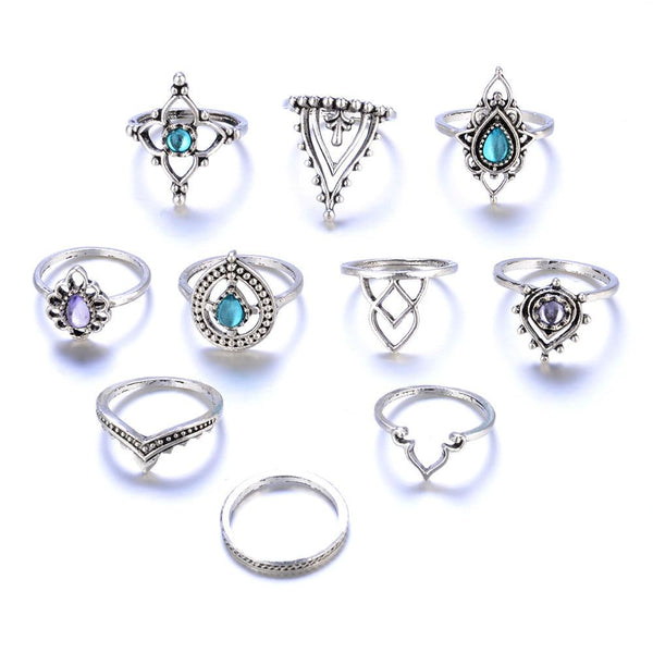 10pcs/Set Women Bohemian Vintage Silver Stack Rings Above Knuckle Blue Rings Set