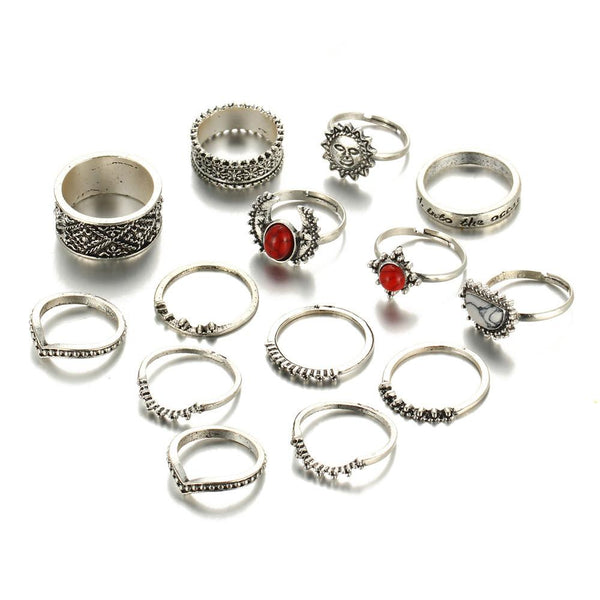 14pcs/Set Women Bohemian Vintage Silver Stack Rings Above Knuckle Blue Rings Set