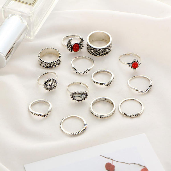 14pcs/Set Women Bohemian Vintage Silver Stack Rings Above Knuckle Blue Rings Set