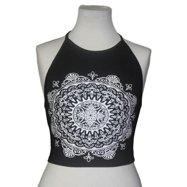 Womens Mandala Print Sleeveless Halterneck Tank Crop Tops Vest Blouse T-Shirt L