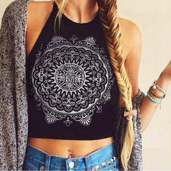 Womens Mandala Print Sleeveless Halterneck Tank Crop Tops Vest Blouse T-Shirt L