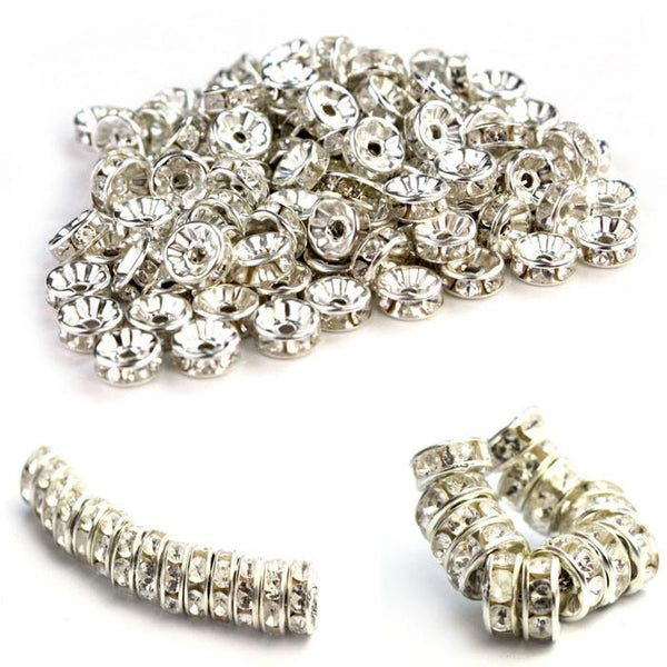 100 Pcs Rhinestone Crystal Rondelle Spacer Bead Silver Plated 8mm White