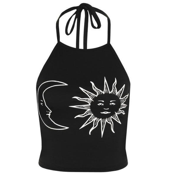 Women's Sleeveless Sun Moon Print Halter Neck Tied Crop Vest Top T-Shirt BK L