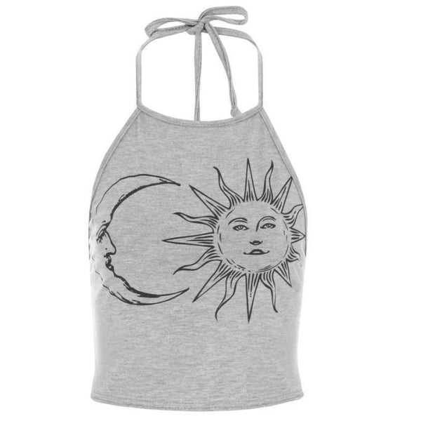 Women's Sleeveless Sun Moon Print Halter Neck Tied Crop Vest Top T-Shirt BK L