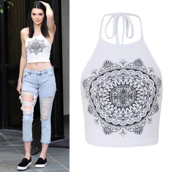 Womens Mandala Print Sleeveless Halterneck Tank Crop Tops Vest Blouse T-Shirt L