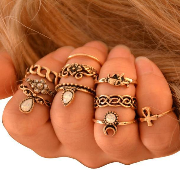 10PC Flowers Moon Band Above Middle Knuckle Alloy Rings Set