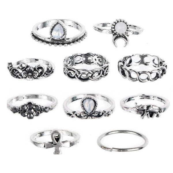 10PC Flowers Moon Band Above Middle Knuckle Alloy Rings Set