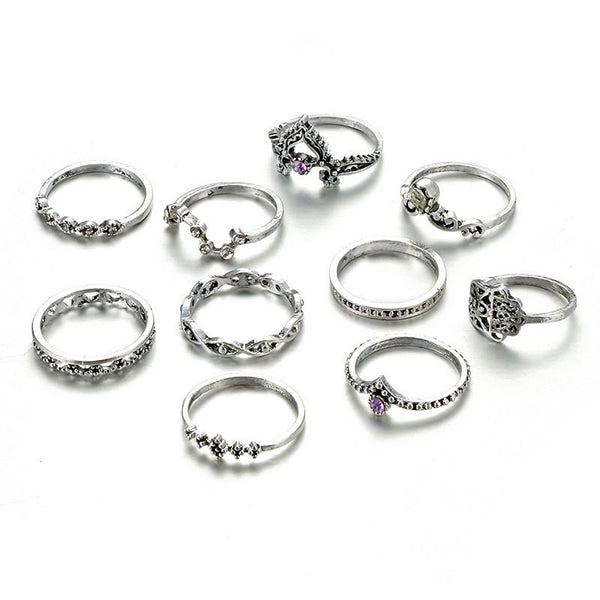 10pcs/Set Women Bohemian Vintage Silver Stack Rings Above Knuckle Blue Rings Set