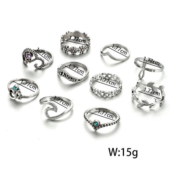 10pcs/Set Women Bohemian Vintage Silver Stack Rings Above Knuckle Blue Rings Set