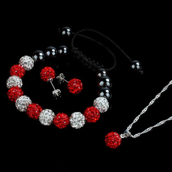 10MM Crystal Ball Jewelry Shamballa Bracelet Earrings Necklace Set PK