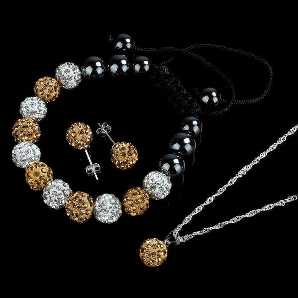 10MM Crystal Ball Jewelry Shamballa Bracelet Earrings Necklace Set PK