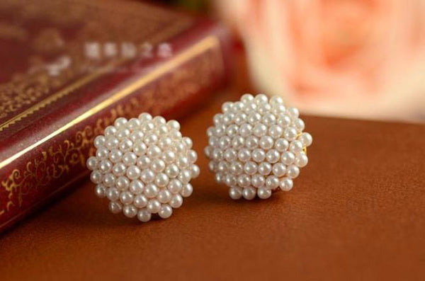 1 Pair Womens White Beads Pearl Mushroom Gold Plated Earring Ear Stud