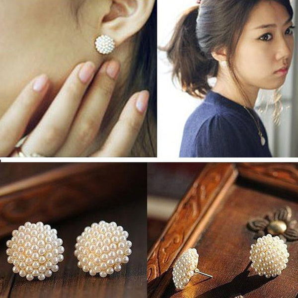 1 Pair Womens White Beads Pearl Mushroom Gold Plated Earring Ear Stud