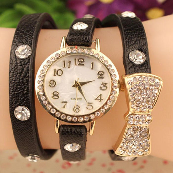 Fashion Women Bowknot Crystal Quartz Watch Imitation Leather Watch