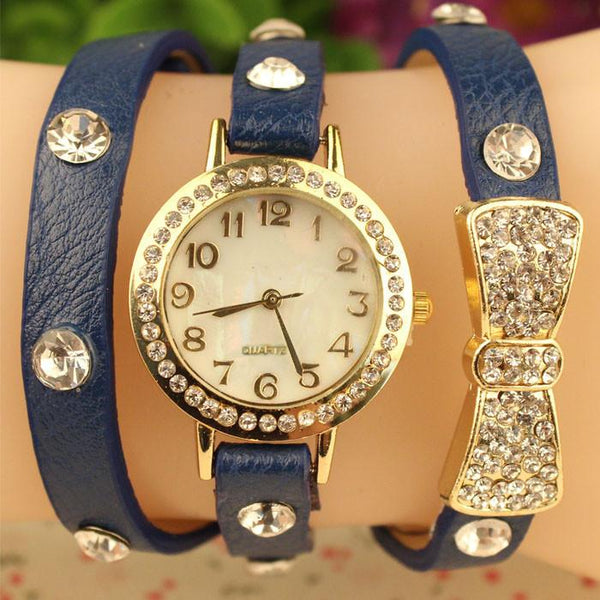 Fashion Women Bowknot Crystal Quartz Watch Imitation Leather Watch