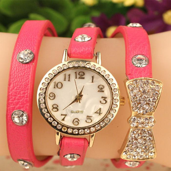 Fashion Women Bowknot Crystal Quartz Watch Imitation Leather Watch