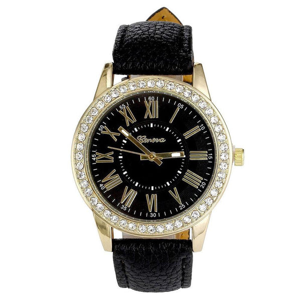 Geneva Women's Leather Band Roman Rhinestone Quartz Wrist Watch Watches