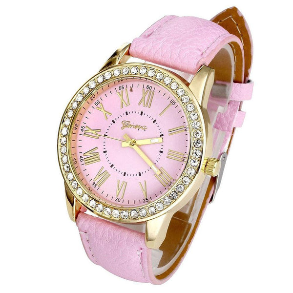 Geneva Women's Leather Band Roman Rhinestone Quartz Wrist Watch Watches