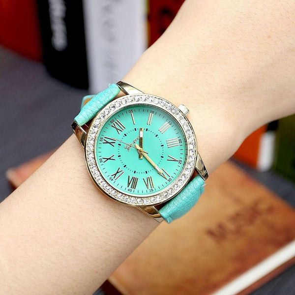 Geneva Women's Leather Band Roman Rhinestone Quartz Wrist Watch Watches