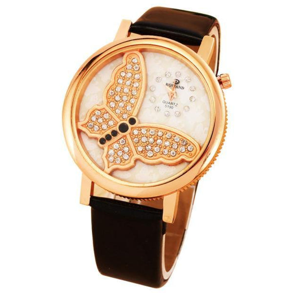 Women Fashiontterfly Analog Quartz Watch Leather Band Rhinestone Wrist Watch