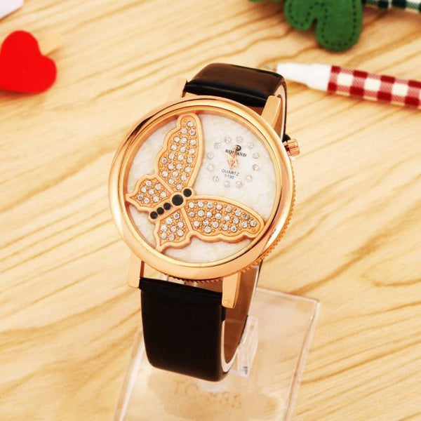 Women Fashiontterfly Analog Quartz Watch Leather Band Rhinestone Wrist Watch