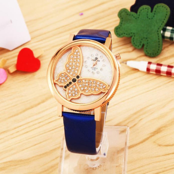 Women Fashiontterfly Analog Quartz Watch Leather Band Rhinestone Wrist Watch