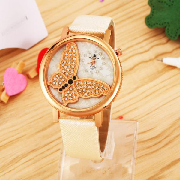 Women Fashiontterfly Analog Quartz Watch Leather Band Rhinestone Wrist Watch