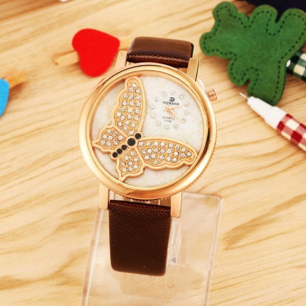 Women Fashiontterfly Analog Quartz Watch Leather Band Rhinestone Wrist Watch